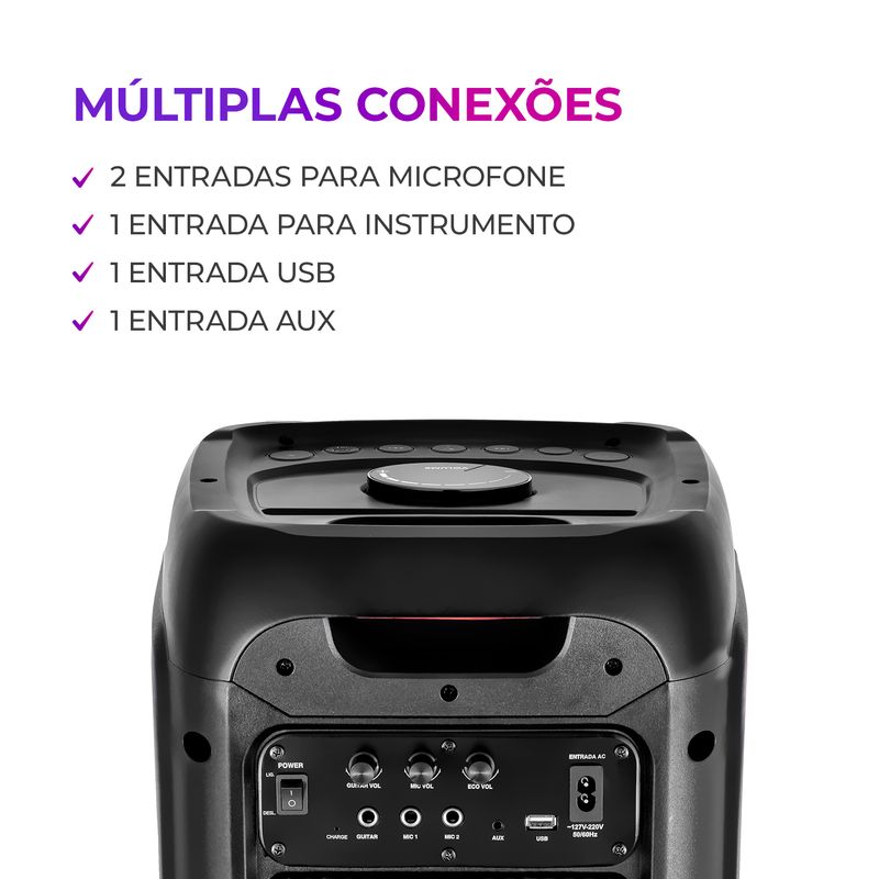 Caixa-de-Som-PartyBox-AIWA-preto-com-multiplas-conexoes