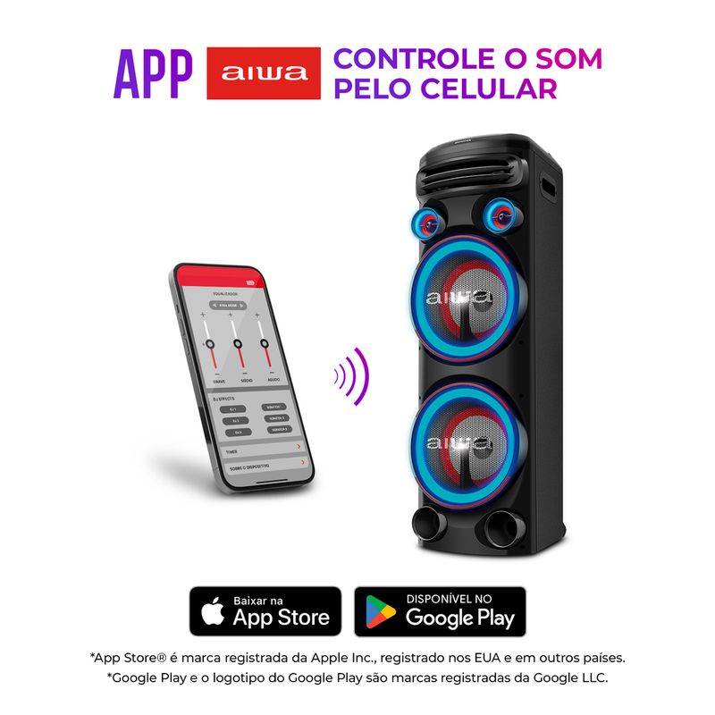 Torre-de-som-Aiwa--preta-com-controle-pelo-celular