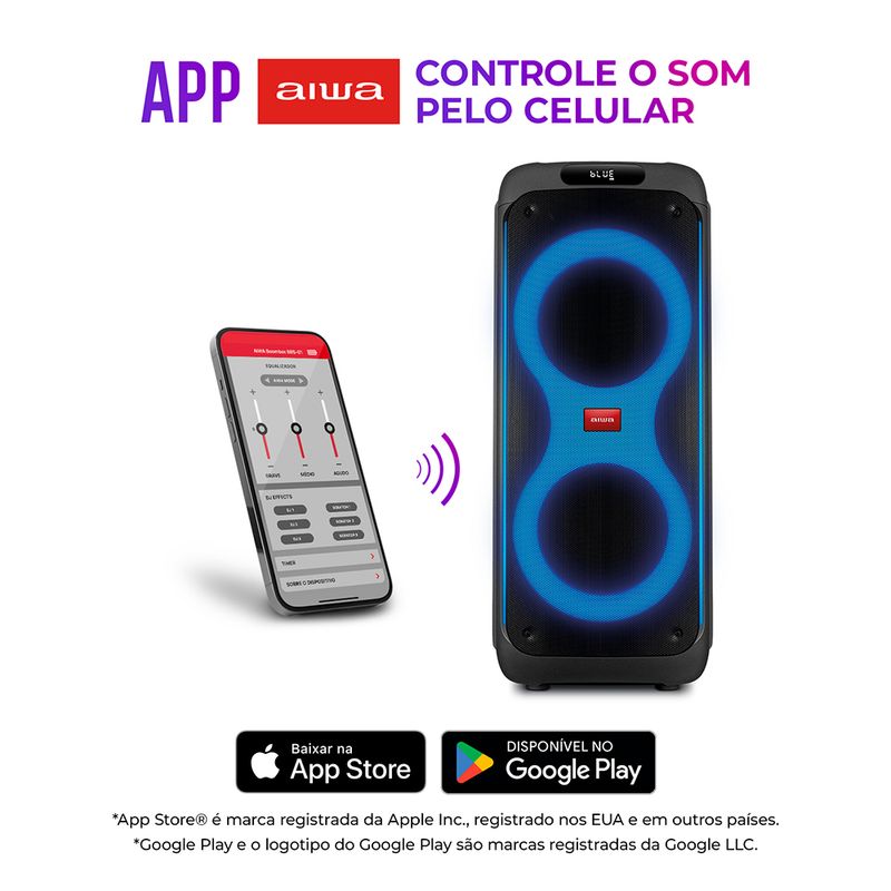 Caixa-de-Som-PartyBox-AIWA-preto-com-controle-pelo-celular