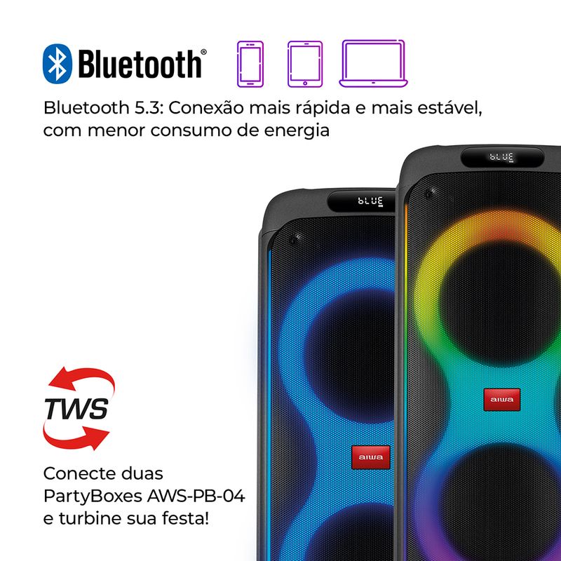 Caixa-de-Som-PartyBox-AIWA-conexao-bluetooth-5.3