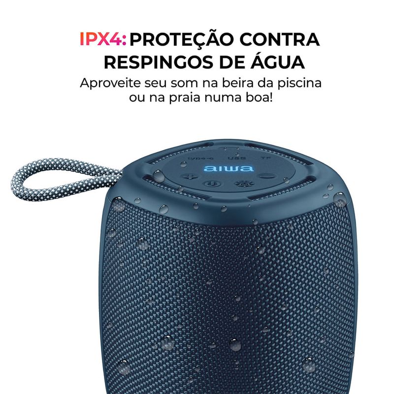 Caixa-de-Som-Speaker-AIWA-azul-com-protecao-contra-agua