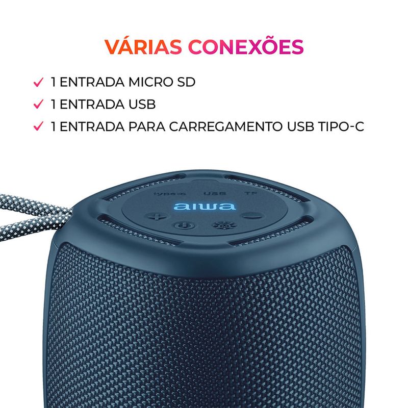 Caixa-de-Som-Speaker-AIWA-azul-com-varias-conexoes