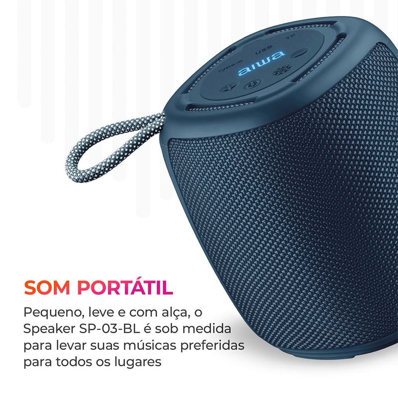 Caixa-de-Som-Speaker-azul-AIWA-portatil-leve-e-com-alca